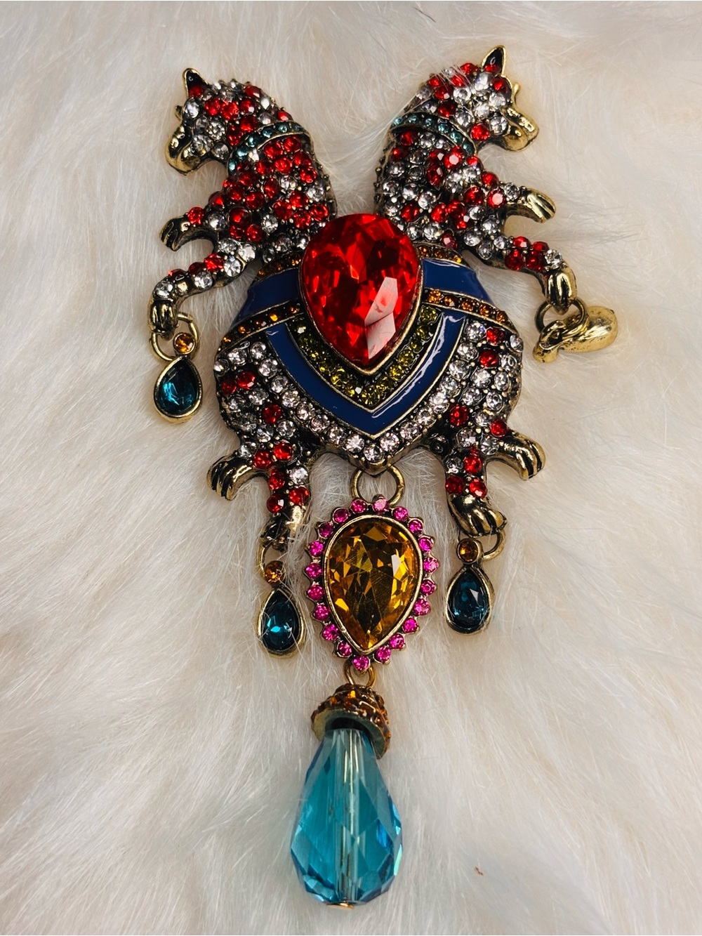 🐎 Double Horse Jeweled Statement Brooch with Dangles